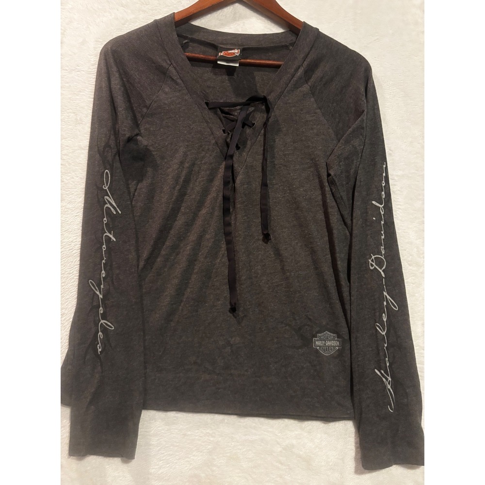 Harley-Davidson Womens Lace Up V-Neck Long Sleeve Shirt Charcoal Grey Size L USA